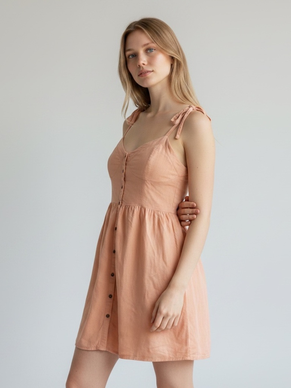Tie-Shoulder Button-Front Peach Sundress